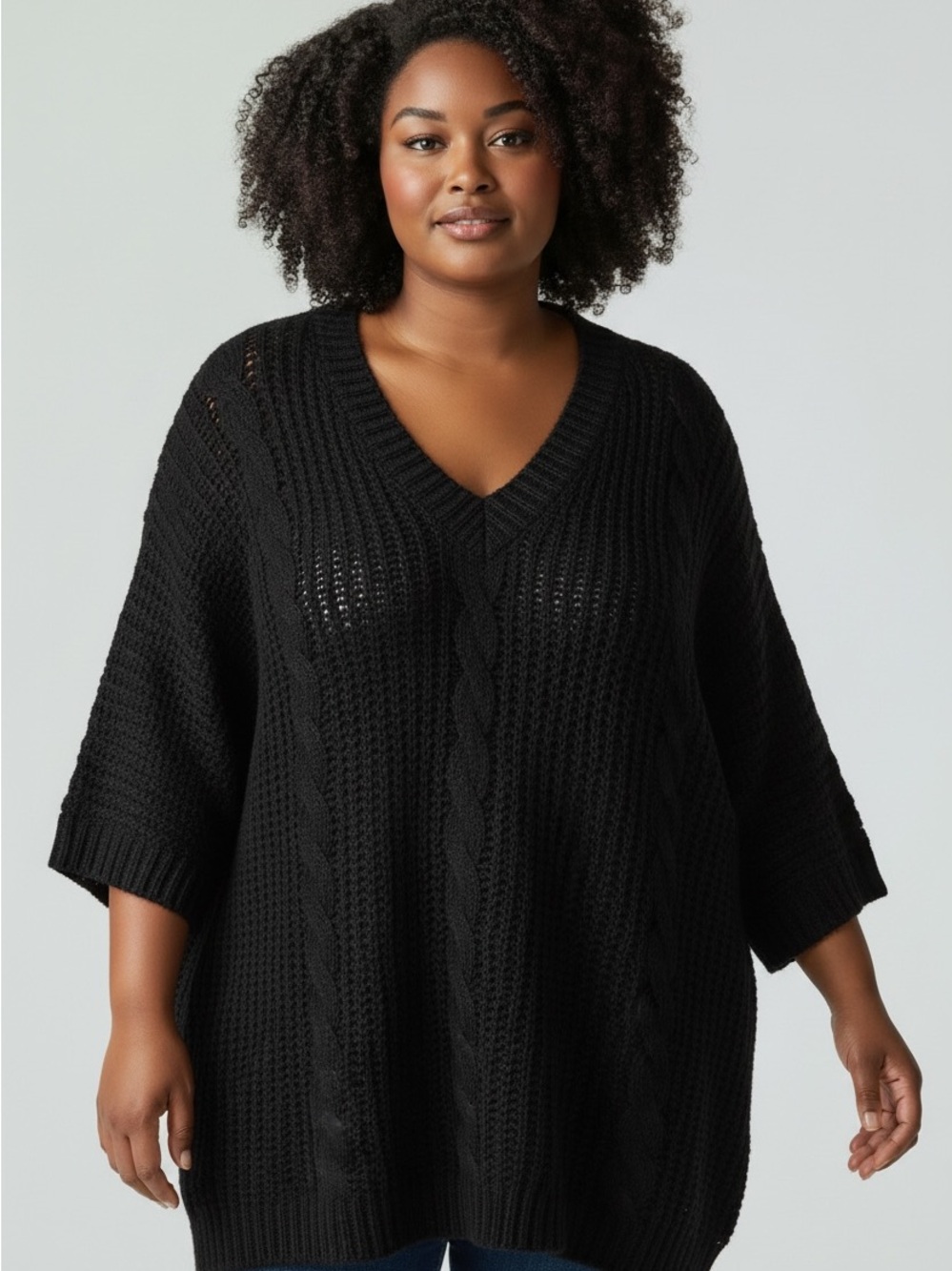 Plus-Size Black V-Neck Cable Knit Sweater
